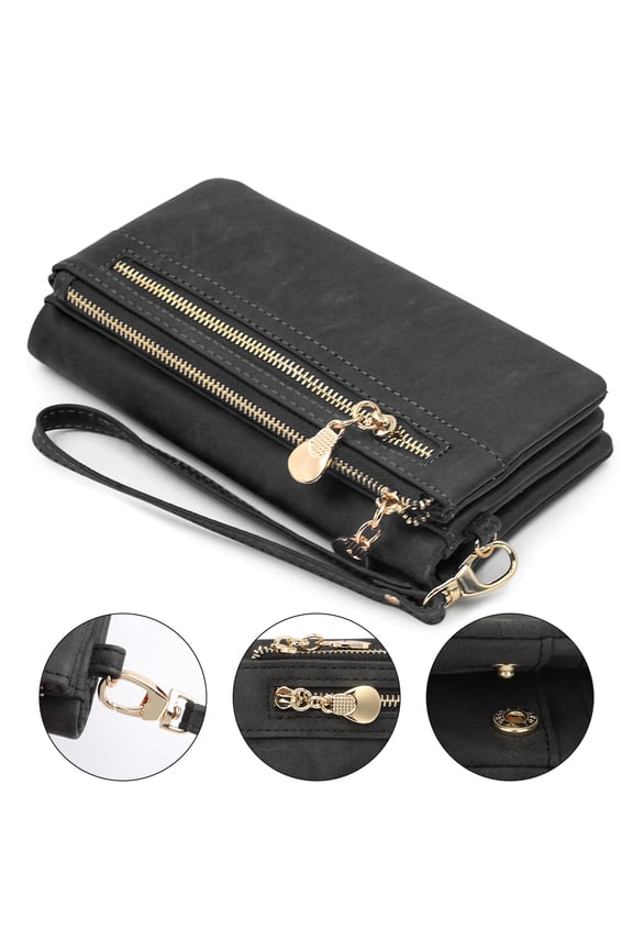 Leather Clutch Wallet for Women, Large Capacity Bifold Credit Card Holder, Ladies Stylish Zipper Purse with Wristband