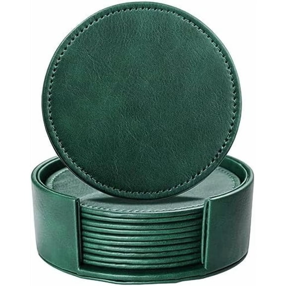Leather Coasters for Drinks, 4" Drink Coasters Set of 6 with Holder for Tabletop Protection, Handmade Luxurious Home Décor and Housewarming Gift (Green)