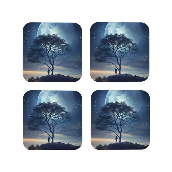 Leather Coasters with Heat-resistant for Drinks, Artistic Tree Moon Starry Sky Cup Coasters Cup Pad Mat for Tabletop Protection, Coffee Table, Office Desk and Housewarming Gift