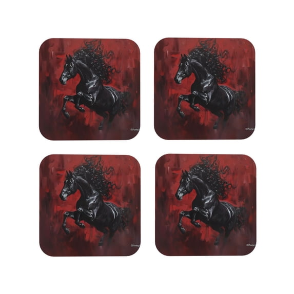 Leather Coasters with Heat-resistant for Drinks, Black Stallion On Red Canvas Cup Coasters Cup Pad Mat for Tabletop Protection, Coffee Table, Office Desk and Housewarming Gift