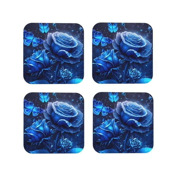 Leather Coasters with Heat-resistant for Drinks, Blue Rose Butterfly Beautiful Cup Coasters Cup Pad Mat for Tabletop Protection, Coffee Table, Office Desk and Housewarming Gift