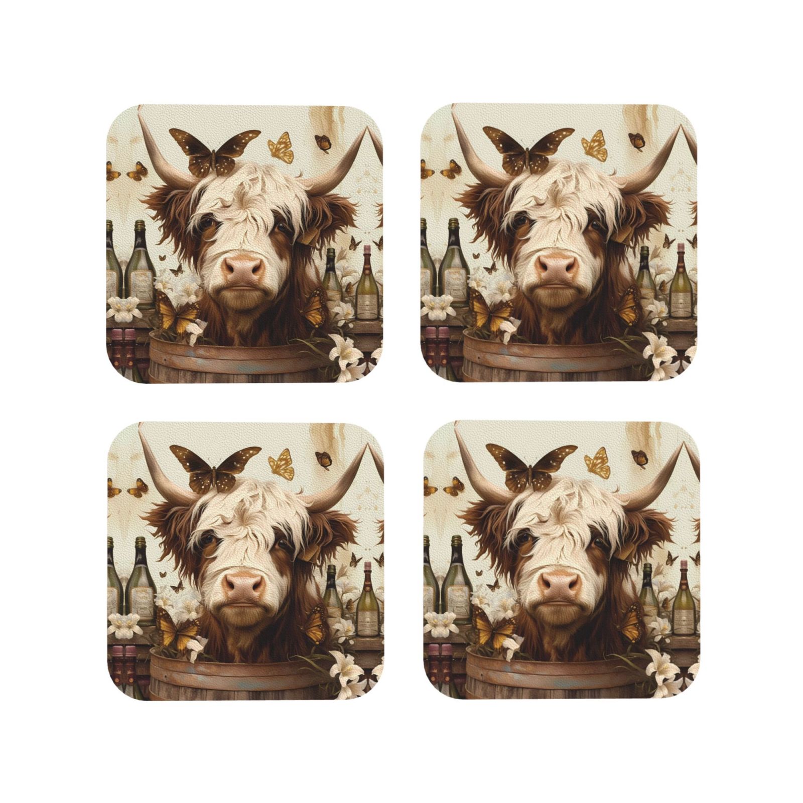 Leather Coasters with Heat-resistant for Drinks, Butterfly Cow Barrel ...
