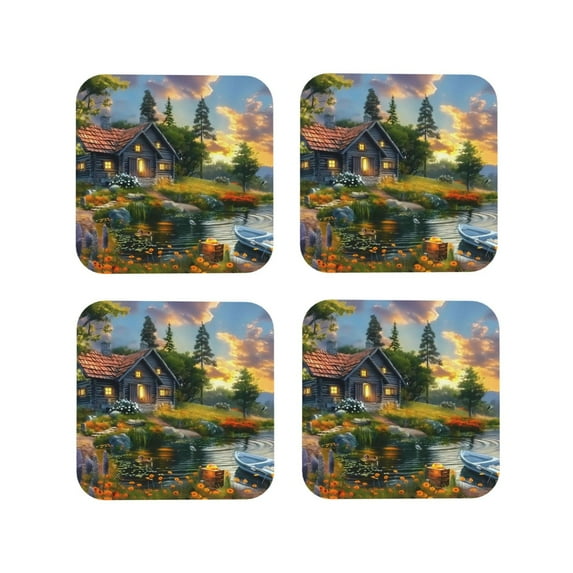 Leather Coasters with Heat-resistant for Drinks, Cozy Cottage Lakeside Sunset Cup Coasters Cup Pad Mat for Tabletop Protection, Coffee Table, Office Desk and Housewarming Gift