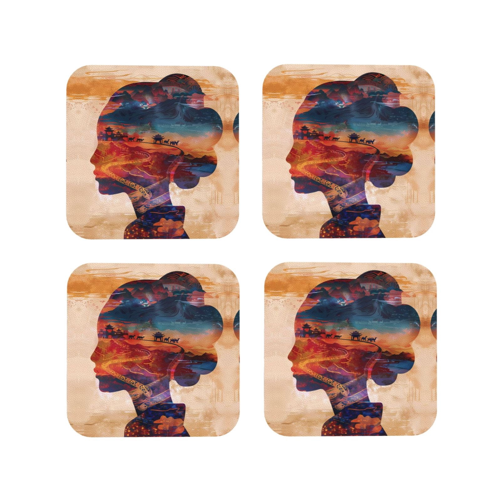 Leather Coasters with Heat-resistant for Drinks, Cultural Silhouette ...