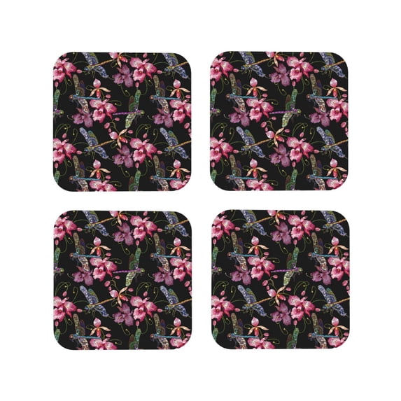 Leather Coasters with Heat-resistant for Drinks, Dragonfly Pink Flower Cup Coasters Cup Pad Mat for Tabletop Protection, Coffee Table, Office Desk and Housewarming Gift