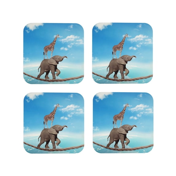 Leather Coasters with Heat-resistant for Drinks, Elephant Giraffe Overcomes Fear Cup Coasters Cup Pad Mat for Tabletop Protection, Coffee Table, Office Desk and Housewarming Gift
