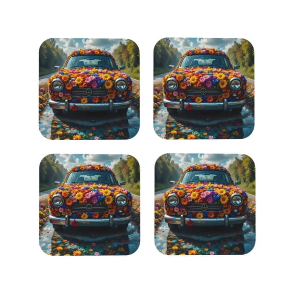Leather Coasters with Heat-resistant for Drinks, Flower Covered Vintage Car Cup Coasters Cup Pad Mat for Tabletop Protection, Coffee Table, Office Desk and Housewarming Gift