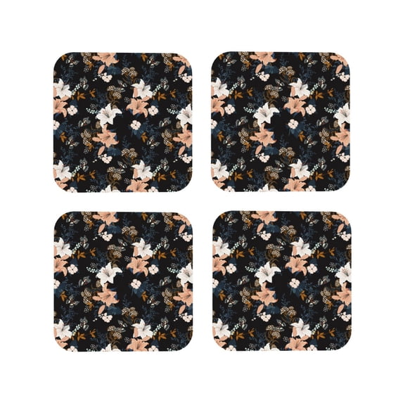 Leather Coasters with Heat-resistant for Drinks, Lilies Flowers Colorful Butterfly Cup Coasters Cup Pad Mat for Tabletop Protection, Coffee Table, Office Desk and Housewarming Gift