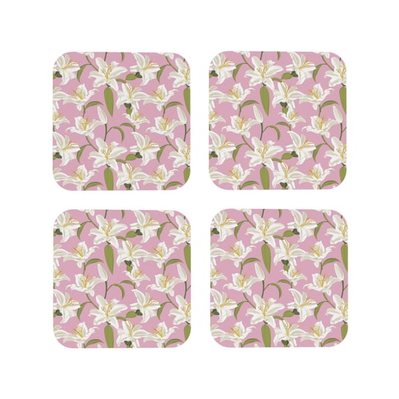 Leather Coasters with Heat-resistant for Drinks, Lilies Flowers Light Pink Cup Coasters Cup Pad Mat for Tabletop Protection, Coffee Table, Office Desk and Housewarming Gift
