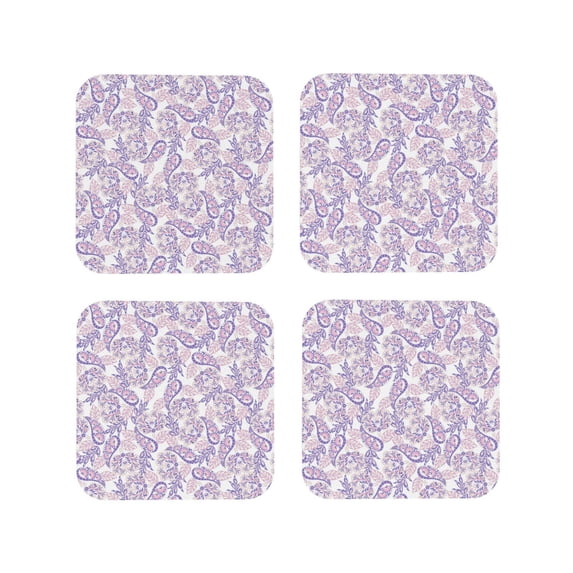 Leather Coasters with Heat-resistant for Drinks, Purple Pink Paisley Cup Coasters Cup Pad Mat for Tabletop Protection, Coffee Table, Office Desk and Housewarming Gift