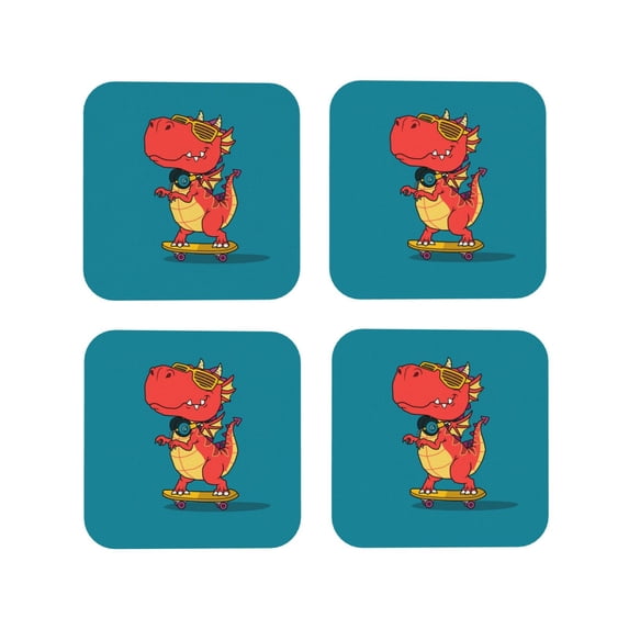 Leather Coasters with Heat-resistant for Drinks, Skateboard Dinosaur Fun Cup Coasters Cup Pad Mat for Tabletop Protection, Coffee Table, Office Desk and Housewarming Gift