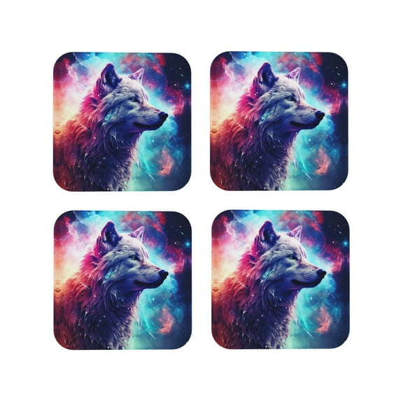 Leather Coasters with Heat-resistant for Drinks, Starry Multicolored Wolf Cup Coasters Cup Pad Mat for Tabletop Protection, Coffee Table, Office Desk and Housewarming Gift