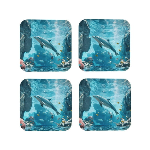 Leather Coasters with Heat-resistant for Drinks, Underwater Dolphin Scene Cup Coasters Cup Pad Mat for Tabletop Protection, Coffee Table, Office Desk and Housewarming Gift