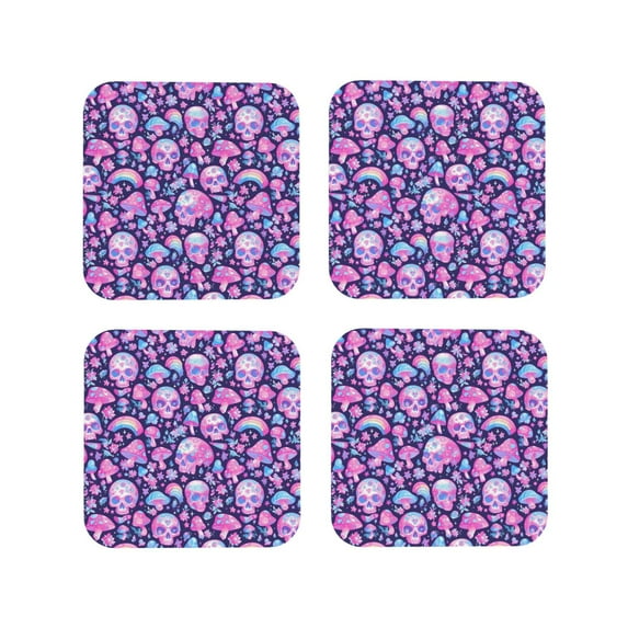 Leather Coasters with Heat-resistant for Drinks, pink Skull rainbow mushroom Cup Coasters Cup Pad Mat for Tabletop Protection, Coffee Table, Office Desk and Housewarming Gift