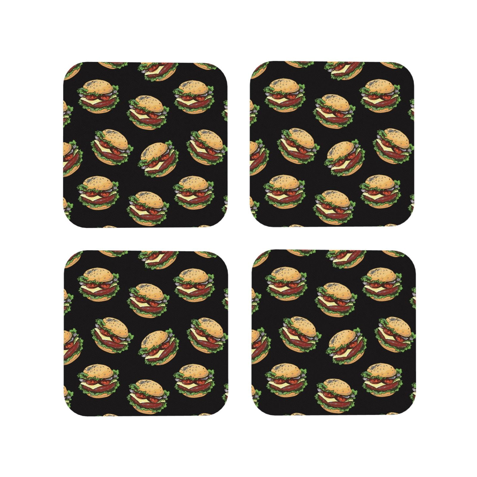 Leather Coasters Set of 4 Cute Hamburger Black Lightweight Drink