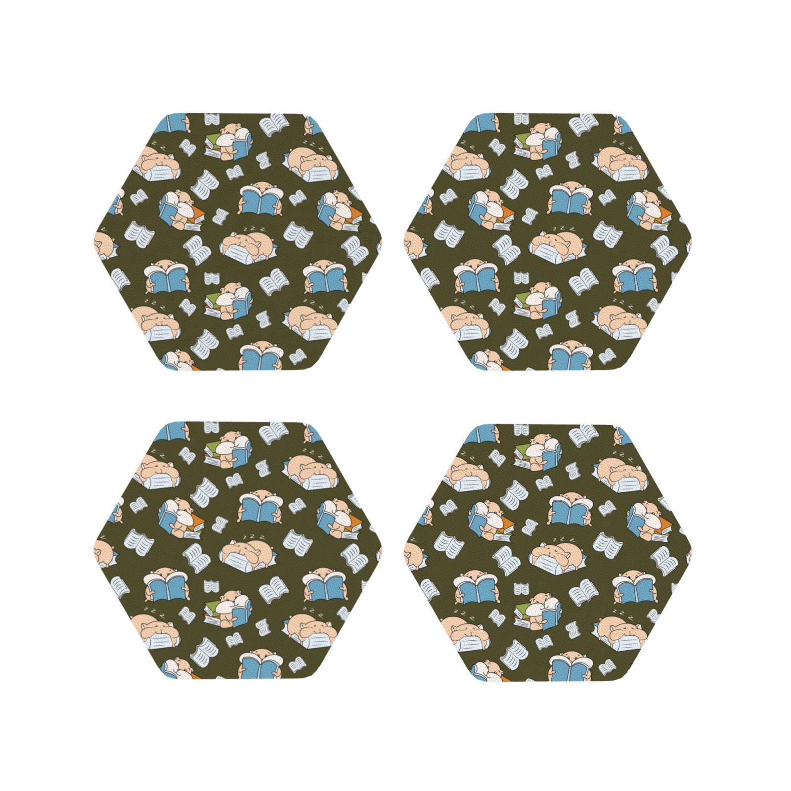 Leather Coasters of 4, Cartoon Cute Hamster Reading Drink Coasters Foe ...