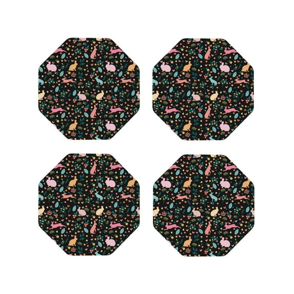 Leather Coasters with Heat-resistant for Drinks, Bohemian Cute Rabbit Flower -标题2 Octagon