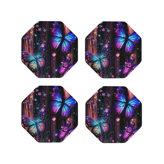 Leather Coasters with Heat-resistant for Drinks, Colorful Butterfly Dream -标题2 Octagon