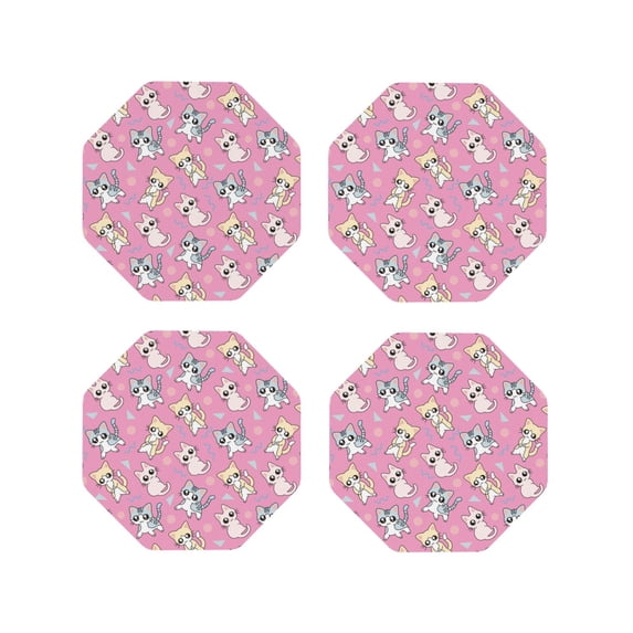 Leather Coasters with Heat-resistant for Drinks, Cute cartoon colorful cat rose red -标题2 Octagon