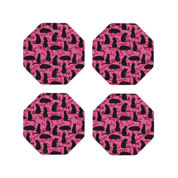 Leather Coasters with Heat-resistant for Drinks, Glamorous Cartoon Cat Black -标题2 Octagon