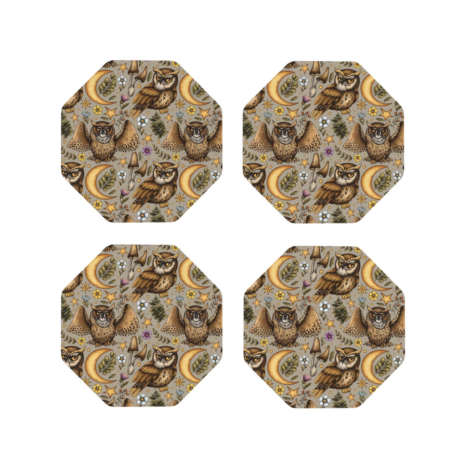 Leather Coasters with Heat-resistant for Drinks, Moon Mushroom Owl ...