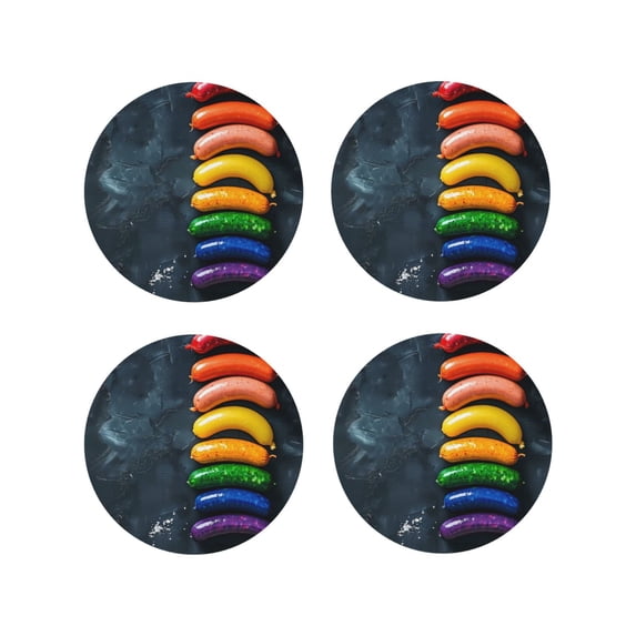 Leather Coasters with Heat-resistant for Drinks, Rainbow Sausages On Dark Slate -标题2 Round Shape