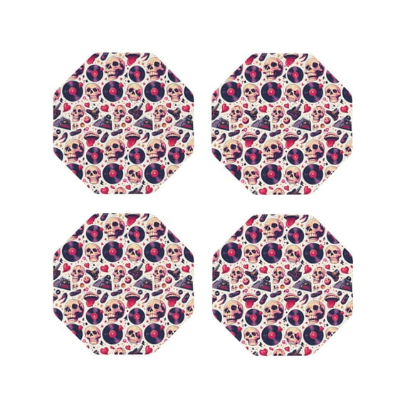 Leather Coasters with Heat-resistant for Drinks, Skull lips record Guitar -标题2 Octagon