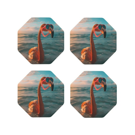 Leather Coasters with Heat-resistant for Drinks, Swimming Goggled Flamingo -标题2 Octagon