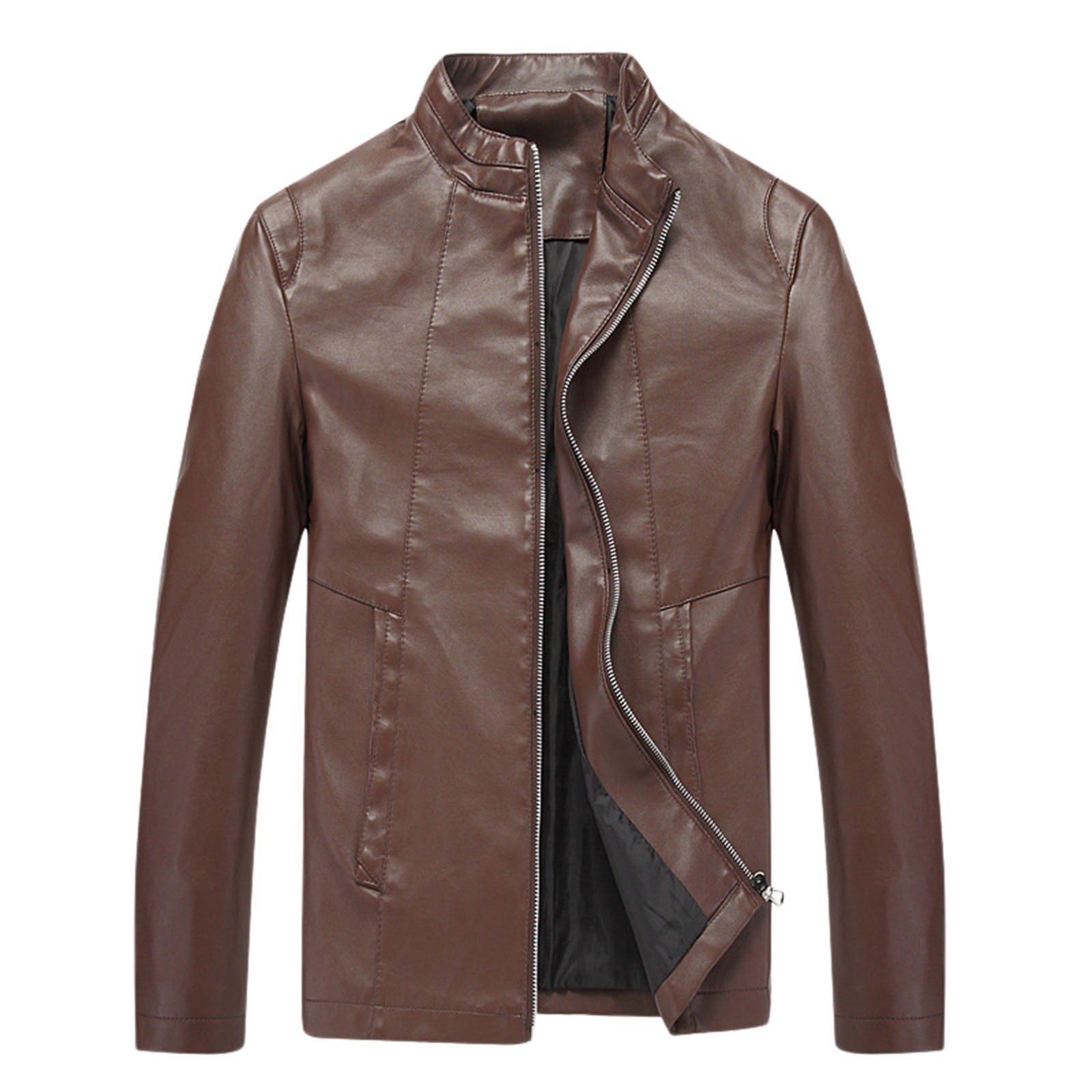 Walnut Men's Thin Leather Suit Spring and Fall Suit Collar Unhooded Leather  Jacket Leather Jacket (Color : A, Size : XXLcode)
