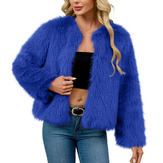 Leather Coat for Women Faux Furry Long Sleeve Cropped Jacket Open Front Coat Solid Color Warm Fall Winter OuterwearBlue XXXL