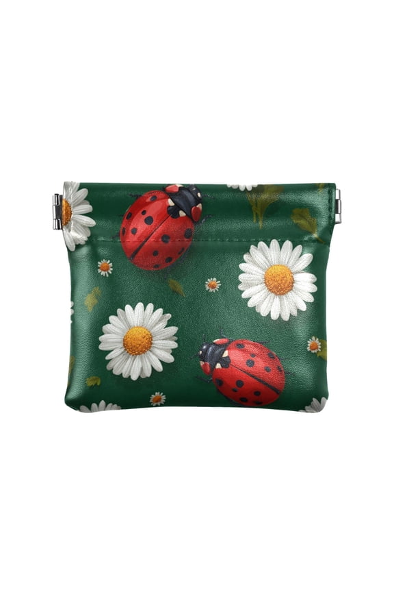 Leather Coin Wallet 4.33x3.74 Inch Portable Coin Wallet Coin Wallet Paper Wallet Card Wallet Storage Wallet Stylish and Sophisticated Cute Ladybug White Daisy