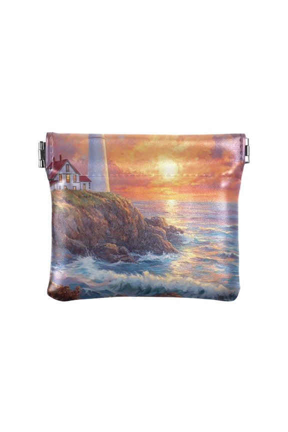 Leather Coin Wallet 4.33x3.74 Inch Portable Coin Wallet Coin Wallet Paper Wallet Card Wallet Storage Wallet Stylish and Sophisticated Sunset Lighthouse