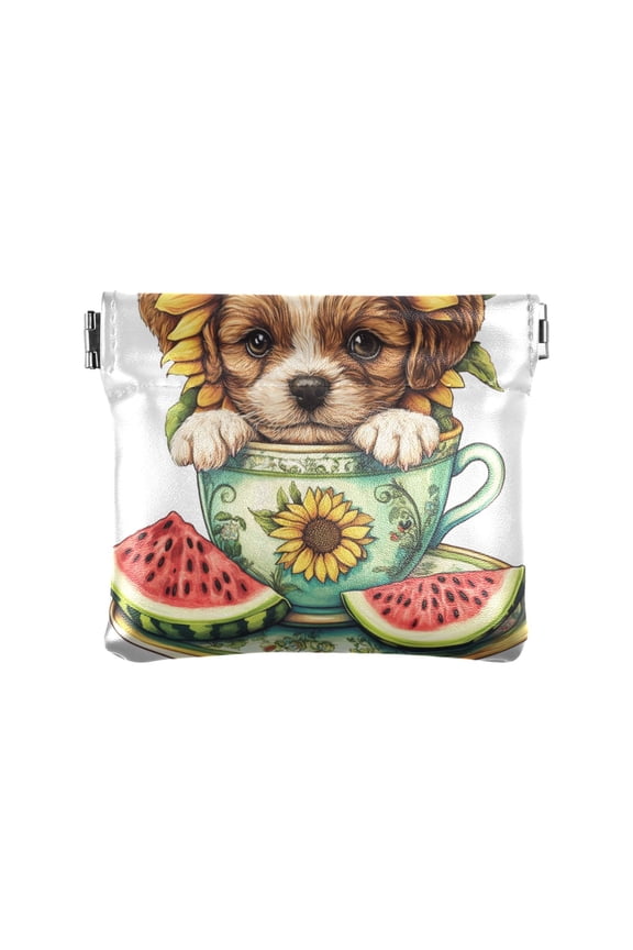 Leather Coin Wallet 4.33x3.74 Inch Portable Coin Wallet Coin Wallet Paper Wallet Card Wallet Storage Wallet Stylish and Sophisticated Tea Cup Cute Dog