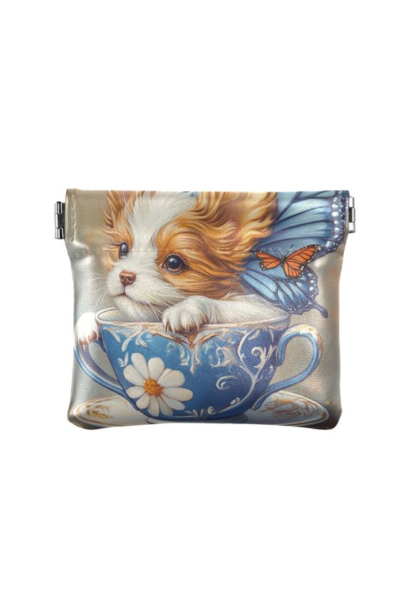 Leather Coin Wallet 4.33x3.74 Inch Portable Coin Wallet Coin Wallet Paper Wallet Card Wallet Storage Wallet Stylish and Sophisticated Teacup Beautiful Puppy