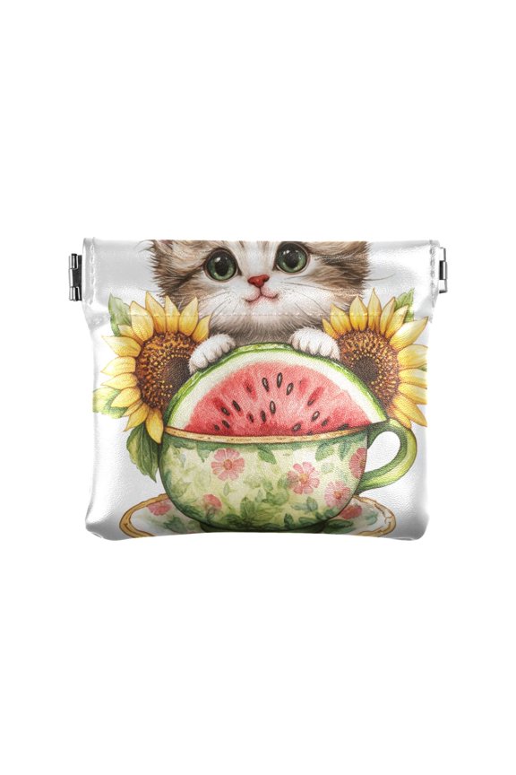 Leather Coin Wallet 4.33x3.74 Inch Portable Coin Wallet Coin Wallet Paper Wallet Card Wallet Storage Wallet Stylish and Sophisticated Teacup Black Cat