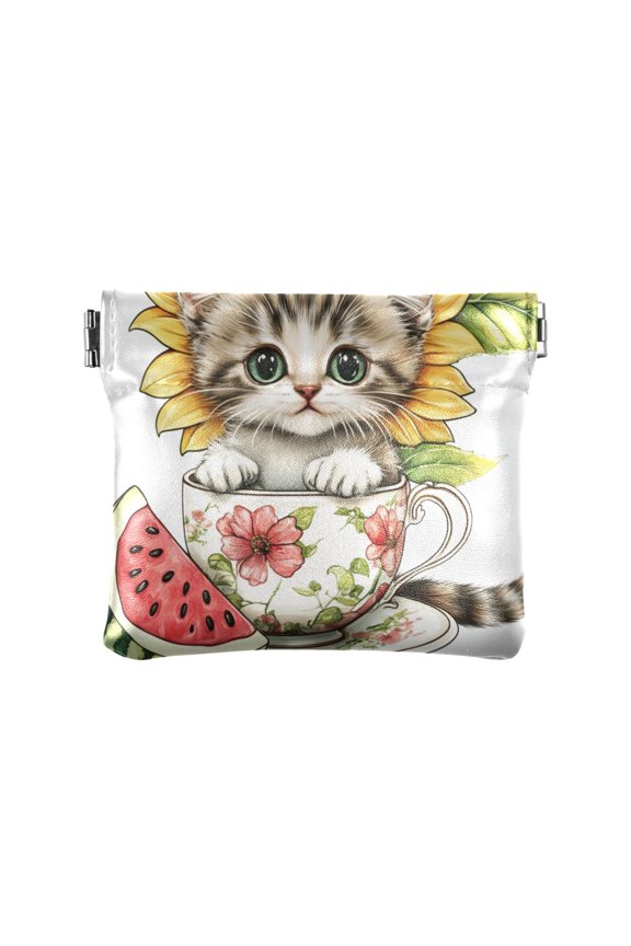 Leather Coin Wallet 4.33x3.74 Inch Portable Coin Wallet Coin Wallet Paper Wallet Card Wallet Storage Wallet Stylish and Sophisticated Teacup Black Kitten