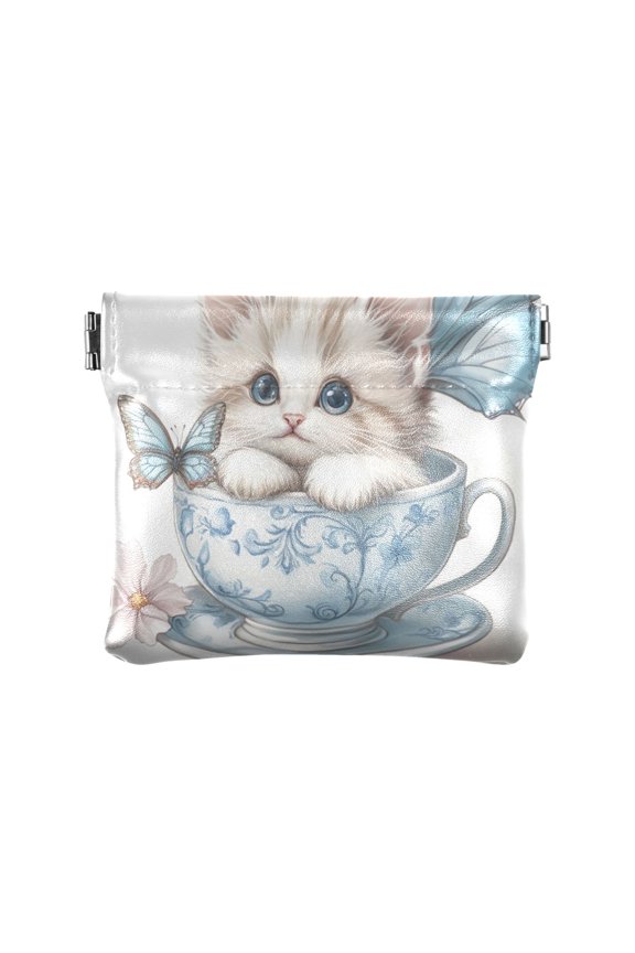 Leather Coin Wallet 4.33x3.74 Inch Portable Coin Wallet Coin Wallet Paper Wallet Card Wallet Storage Wallet Stylish and Sophisticated Teacup Cute Kitten