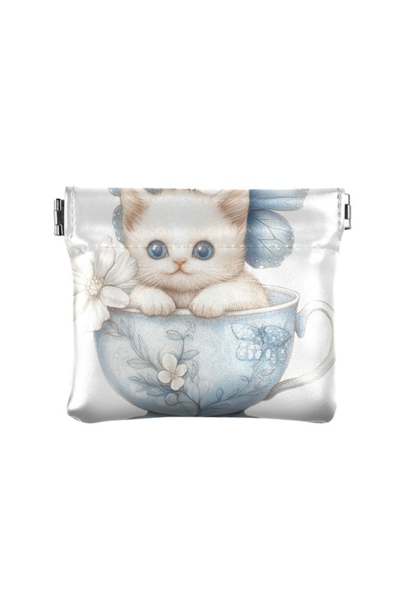 Leather Coin Wallet 4.33x3.74 Inch Portable Coin Wallet Coin Wallet Paper Wallet Card Wallet Storage Wallet Stylish and Sophisticated Teacup Cute White Cat
