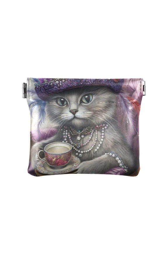 Leather Coin Wallet 4.33x3.74 Inch Portable Coin Wallet Coin Wallet Paper Wallet Card Wallet Storage Wallet Stylish and Sophisticated Noble Grey Cat