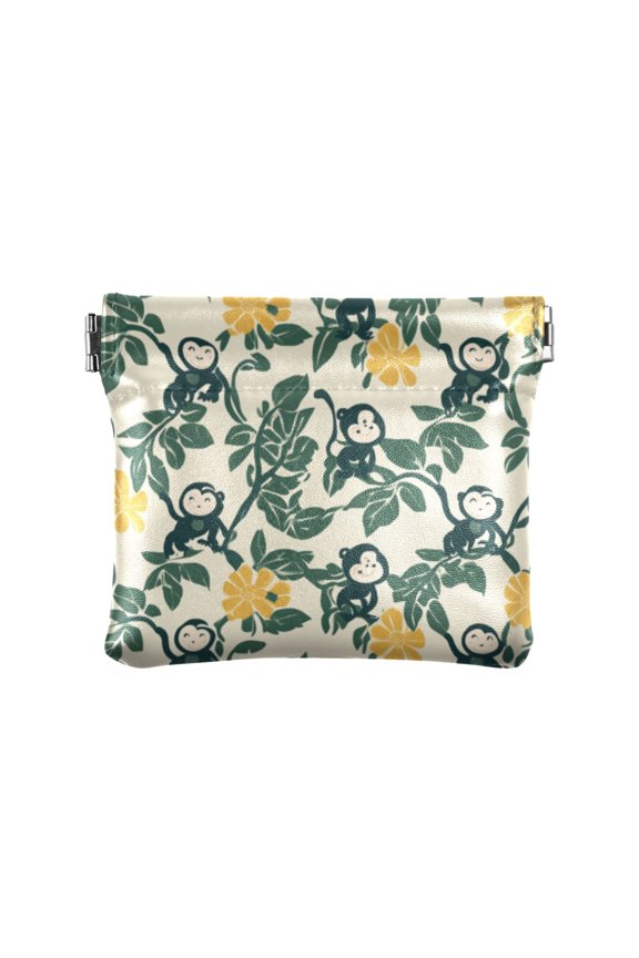 Leather Coin Wallet 4.33x3.74 Inch Portable Coin Wallet Coin Wallet Paper Wallet Card Wallet Storage Wallet Stylish and Sophisticated Cartoon Monkey and Green Leaves