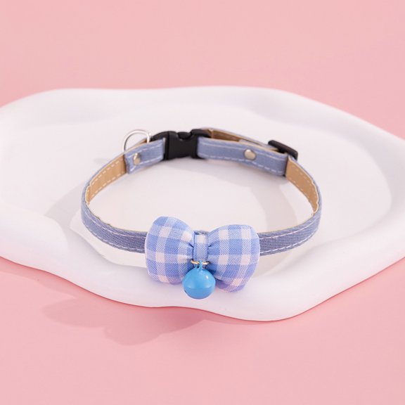Leather Collar, Pet Collar, Blue Plaid Bow, 10-14 In, Metal Ring, Buckle, Bell, Decorative, Leather Strap, 1 Pc, Everyday Cat Neck Gear