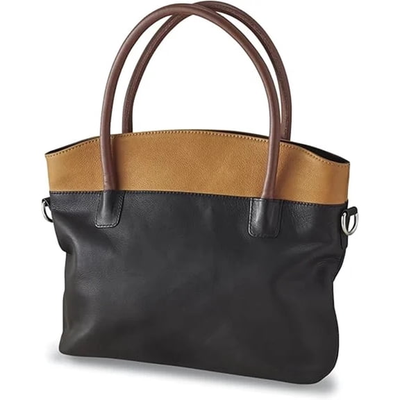 Leather Colorblock Bag, Multicolor Purse with Handle & Crossbody Strap, Black, Tan, Brown Tote Handbag, 12” x 10.5"