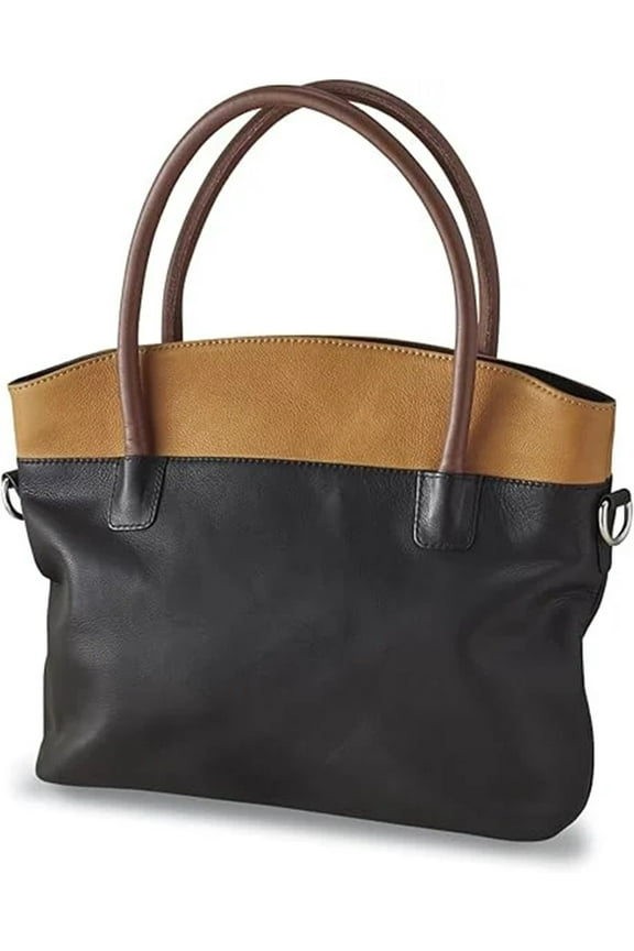 Leather Colorblock Bag, Multicolor Purse with Handle & Crossbody Strap, Black, Tan, Brown Tote Handbag, 12 x 10.5"
