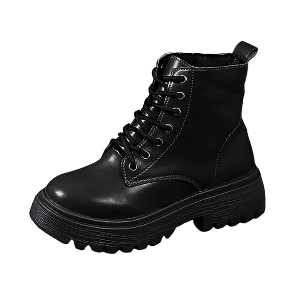 Leather Combat Boots for Women Lace Up Ankle Booties Platform Lug Sole Motocycle Boots with Side Zipper Black Size 9