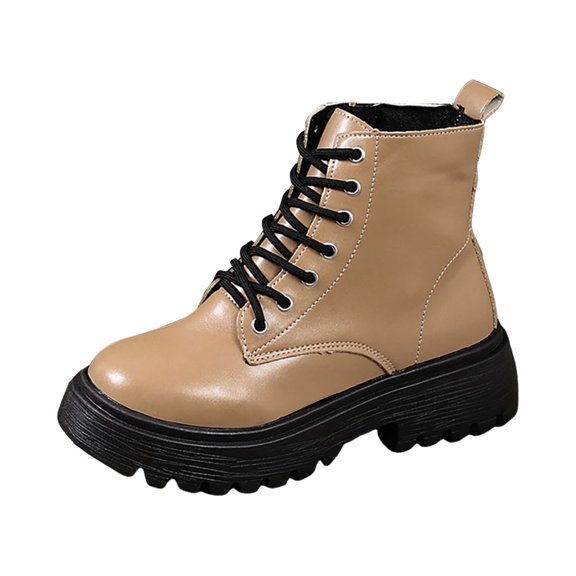 Leather Combat Boots for Women Lace Up Ankle Booties Platform Lug Sole Motocycle Boots with Side Zipper Brown Size 8.5