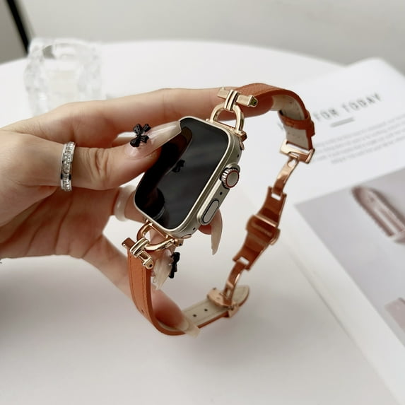 Leather Compatible with Apple Watch Band 38/40/41mm Soft Genuine Leather for Women Men Butterfly Buckle Clasp Replacement Bracelet for iWatch Series 8 7 6 5 4 3 2 1 SE,Orange