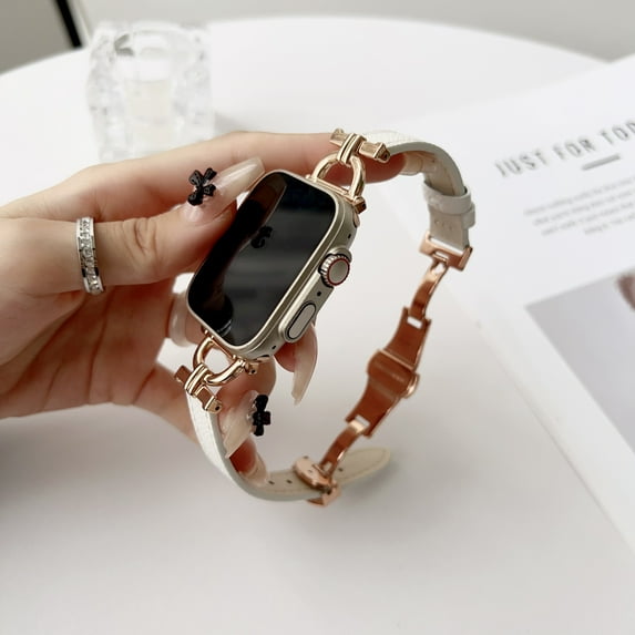 Leather Compatible with Apple Watch Band 42/44/45/49mm Soft Genuine Leather for Women Men Butterfly Buckle Clasp Replacement Bracelet for iWatch Series 8 7 6 5 4 3 2 1 SE,White