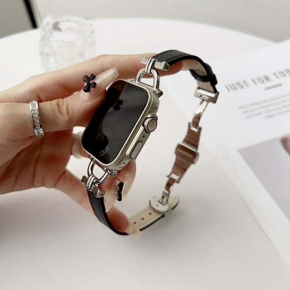 Leather Compatible with Apple Watch Band 42/44/45/49mm Soft Genuine Leather for Women Men Butterfly Buckle Clasp Replacement Bracelet for iWatch Series 8 7 6 5 4 3 2 1 SE,Black