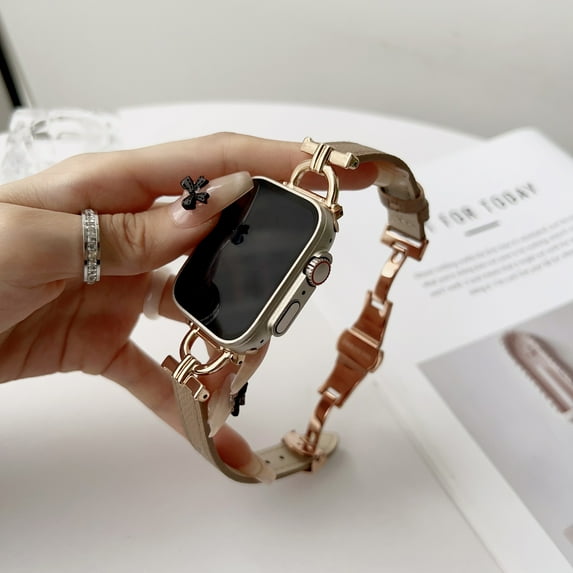 Leather Compatible with Apple Watch Band 42/44/45/49mm Soft Genuine Leather for Women Men Butterfly Buckle Clasp Replacement Bracelet for iWatch Series 8 7 6 5 4 3 2 1 SE,Grey