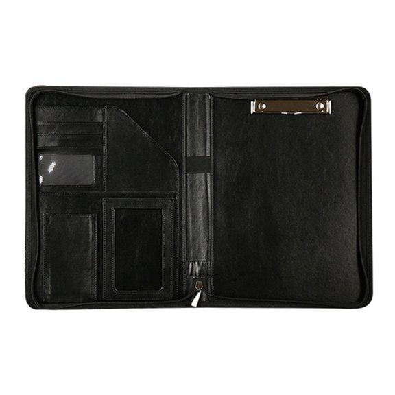 Leather Conference Folder Multiple Compartments Zippered Business Document Case with Clipboard Card Holder Pen Slot